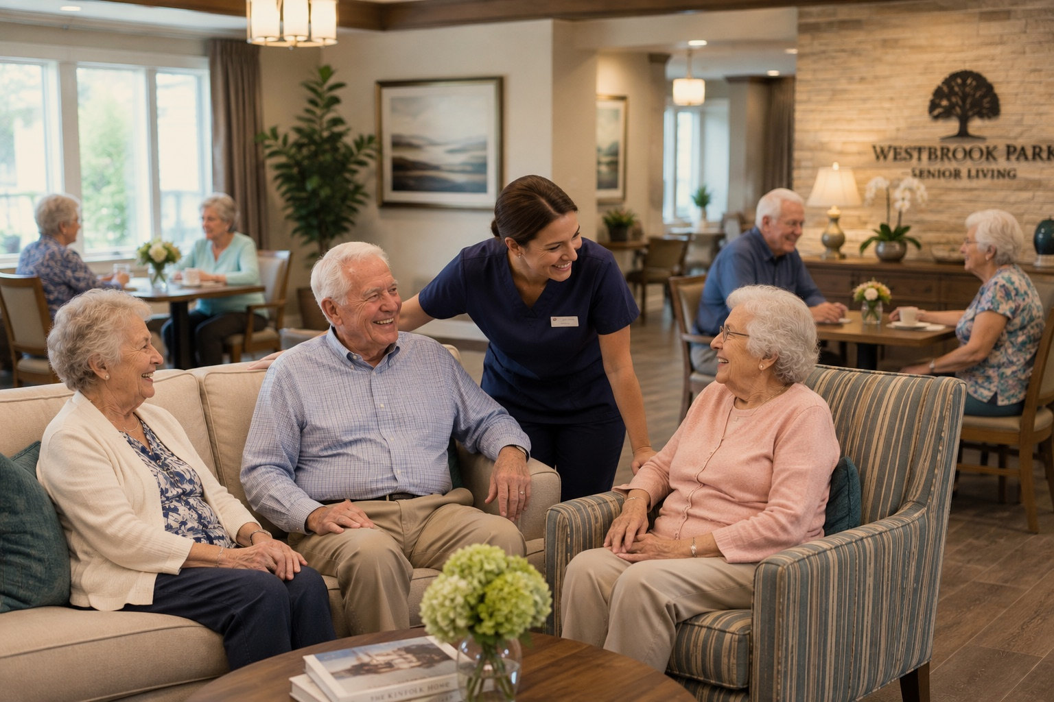 A member of staff talking with residents in the lounge