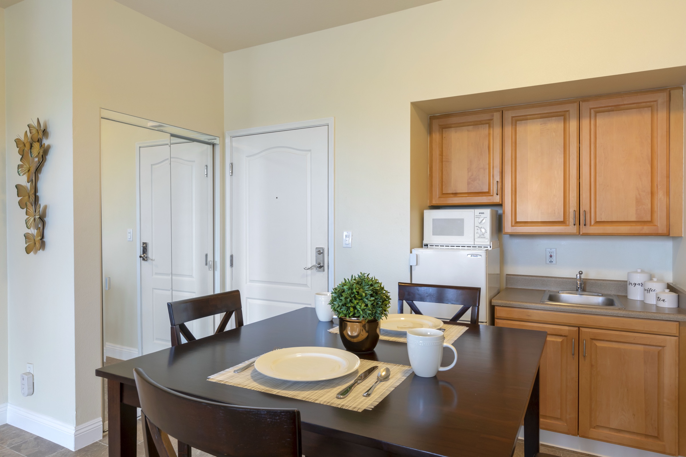 A kitchenette, clean and put away
