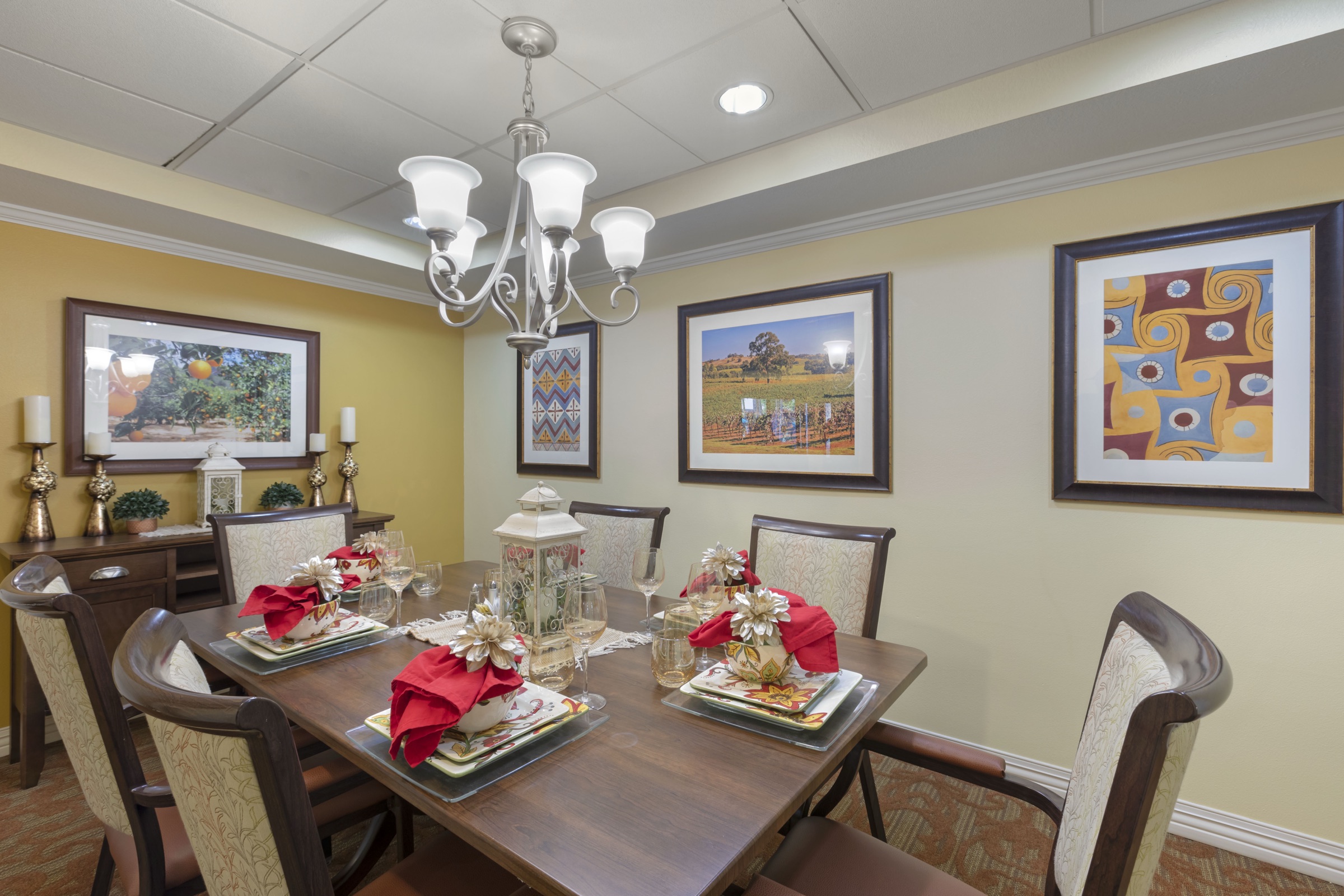 The private dining room, one long table laid for a group