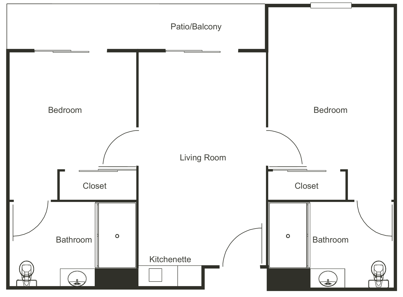 Floor plan of the Two Bedroom, bedrooms either side of the living room